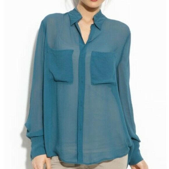 NEW BCBG Max Azria Emma Blouse Tahiti Blue Chiffon Long Sleeve High Hi Low S - Picture 1 of 1